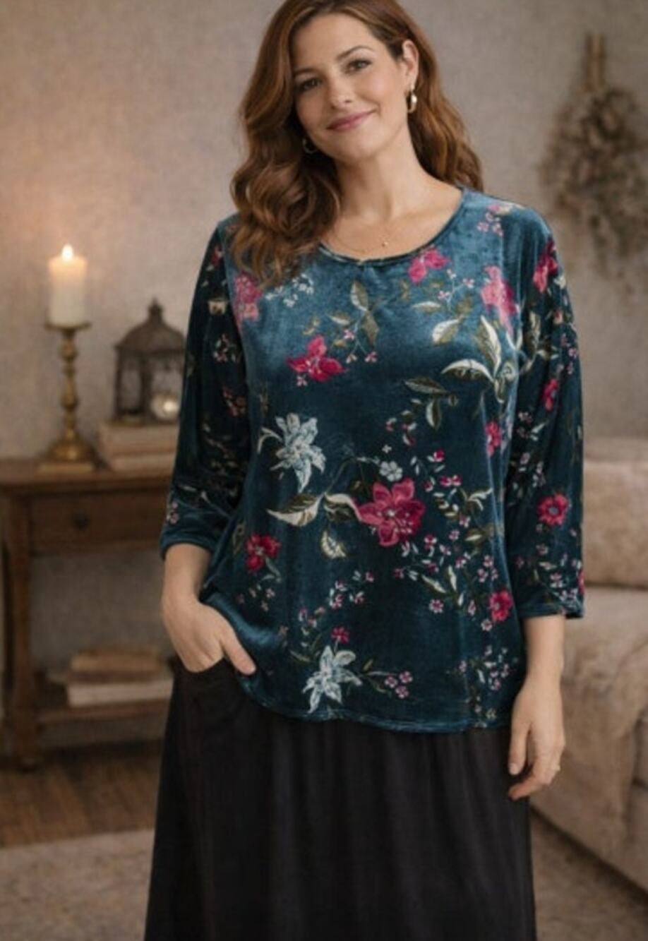 Teal Velvet Floral Top Large Dark Romantic 3/4 Sleeve Cottagecore Botanical